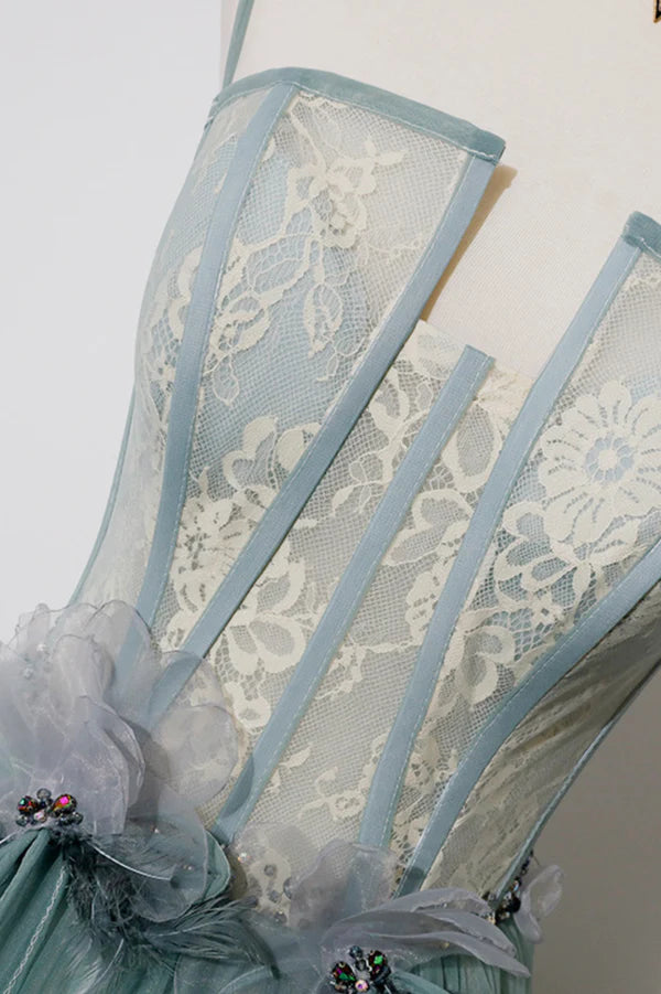 Wholesale Green Tulle Lace Long A-Line Prom Dress Spaghetti Strap Evening Dress